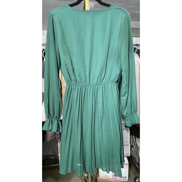 BBX Lephsnt Women’s Long Puff Sleeve V Neck Pleated Ruffle Green Dress S - Picture 2 of 4